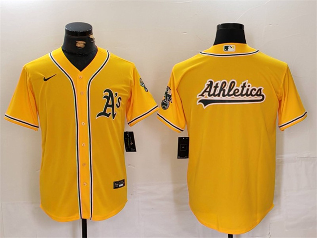 Men's Oakland Athletics Yellow Team Big Logo Cool Base Stitched Baseball Jersey Men's Oakland Athletics Yellow Team Big Logo Cool Base Stitched Baseball Jersey